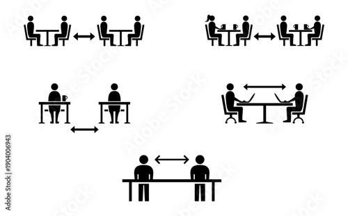 Social Distancing Keep a Safe Distance in Cafe Restaurant Library Workplace or Office Icon Set with Sitting People Chair and Table Symbol. Vector Image.