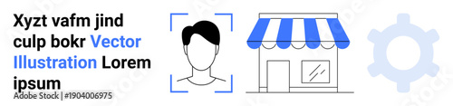 Identity verification, e-commerce, profile authentication, online shopping, technology, digital usability. A headshot outline with a storefront and gear icons. Identity verification and e-commerce