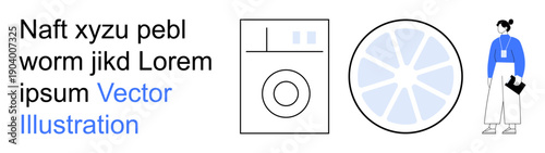 Digital design, business branding, appliance use, user manuals, modern art, creative layouts. Text block with washing machine, circular element and woman figure. Business branding and appliance use