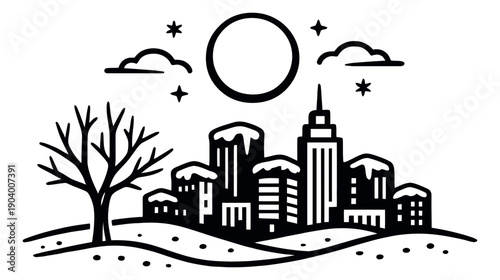 Line art illustration of a winter city landscape depicting buildings covered in snow under the moon and stars for the holiday season