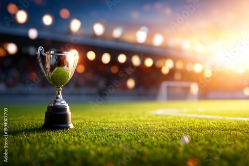 Contemporary Soccer Trophy on Field with Blurry Stadium Lights in Background at Sunset