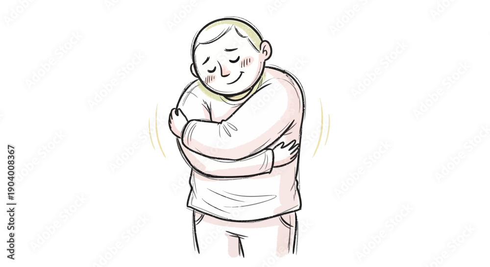 Fototapeta premium Illustration of a person hugging themselves with a smile, conveying self-comfort, happiness, and relaxation in a simple, white background environment.