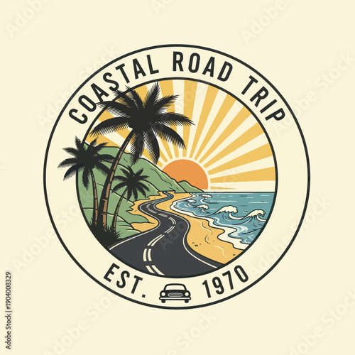 Coastal Road Trip Est 1970 Vintage Emblem Design.