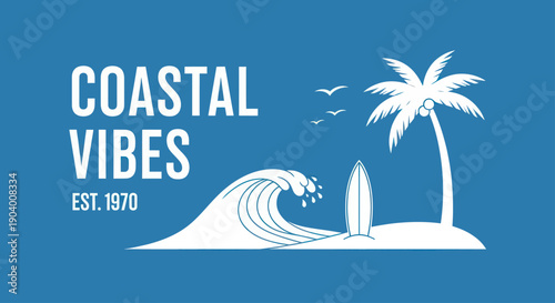 Coastal Vibes Est 1970 Surfboard Palm Tree Wave.