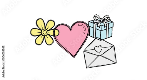 A heart, gift, and letter with a flower nearby on a white background, viewed from directly above, showcasing a symbol of love and affection