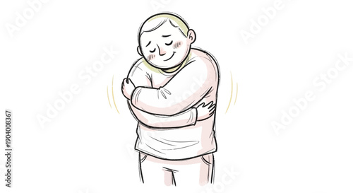 Illustration of a person hugging themselves with a smile, conveying self-comfort, happiness, and relaxation in a simple, white background environment.