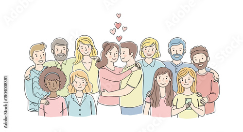 Illustration of diverse group of people embracing and showing love for each other in a heartwarming scene from a front viewpoint