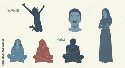 Serene silhouettes of people meditating and expressing emotions in a calm environment from various viewpoints