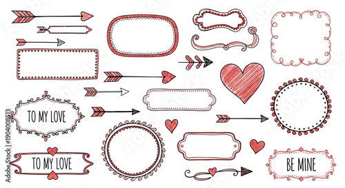 Valentine's Day decoration elements collection with hearts, arrows, banners, and frames in red and black, vector illustration