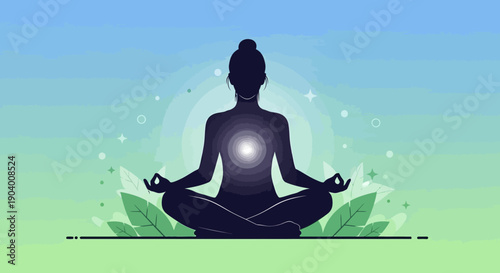 A serene silhouette of a person meditating surrounded by leaves in a peaceful environment eps illustration