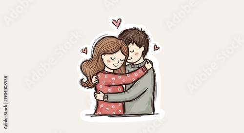 Couple embracing with love, surrounded by hearts, illustrating affection and tenderness in a simple graphic representation