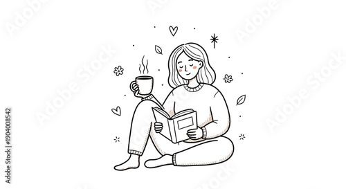 Woman Relaxing with Coffee and Book in a Serene Environment Illustration