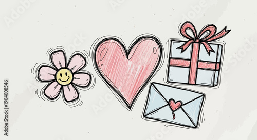 Hand drawn illustration of heart, flower, gift, and letter on white background from a child's viewpoint