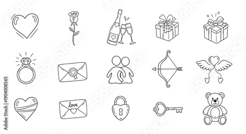 Collection of black and white icons representing love and romance on a clean white background, viewed from directly above.