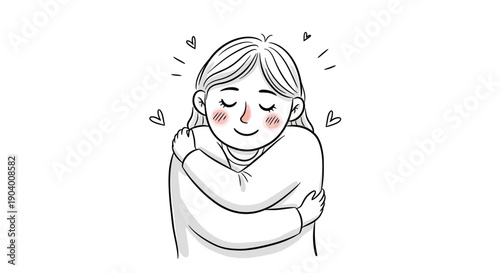 A young woman hugging herself with happiness and love surrounded by hearts in a simple illustration from Whisk concept