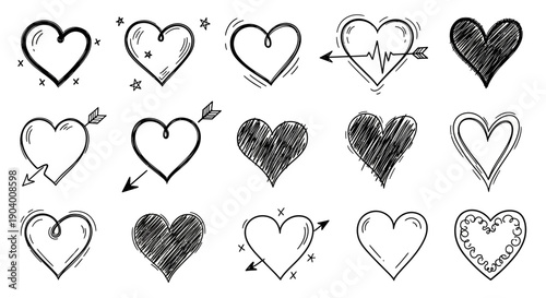 Hand-drawn heart illustrations in various styles and emotions on a clean white background, showcasing different artistic expressions.