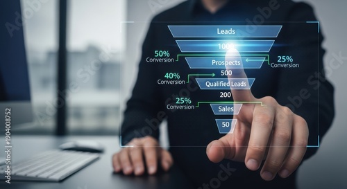 Hand interacting with a digital funnel diagram showing conversion rates from leads to sales in a marketing context.