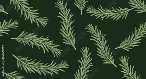 Seamless pattern with fresh green rosemary sprigs on dark background for herbal tea culinary seasoning and Mediterranean food packaging design