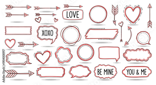 Collection of red outlined hearts, arrows, and banners with love messages in a Valentine's Day themed illustration