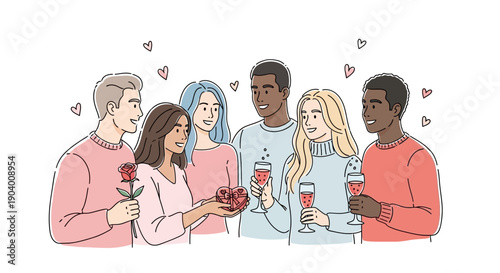 Group of diverse friends celebrating together, holding drinks and flowers, standing together in a joyful gathering