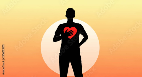 Silhouette of a man standing confidently with a heart on his chest, symbolizing love and strength, against a vibrant orange gradient backdrop