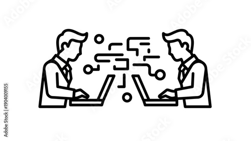 Two businessmen working on laptops together.