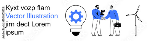 Business development, clean energy, team collaboration, innovative ideas, green technology, renewable strategies. Two people shaking hands, a light bulb with gear and wind turbine. Business