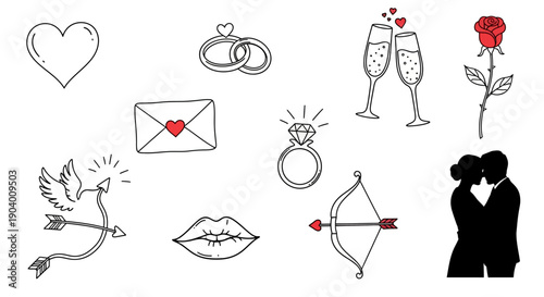 Couple embracing with love symbols surrounding them in simple black and white illustration, representing affection and romance
