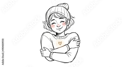 A smiling girl with a beanie and heart sweater gives a thumbs up in a simple line art illustration.