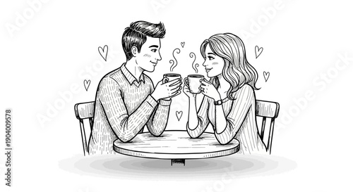 Couple enjoying coffee together at a table, intimate moment, vector illustration