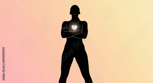Silhouette figure with heart symbol on chest stands confidently against vibrant gradient backdrop