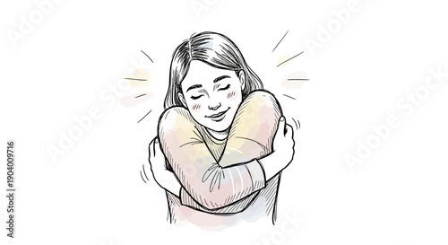 Illustration of a young woman embracing herself with a joyful expression from a front viewpoint