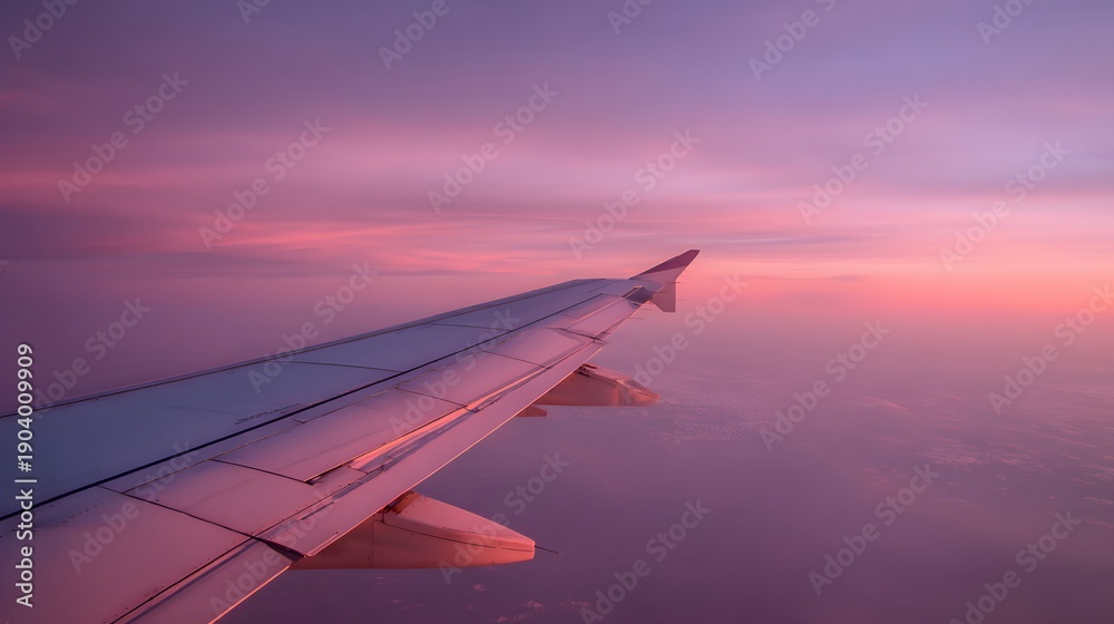 Fototapeta premium Airplane wing soaring through the vibrant sunset sky, capturing the beauty of flight.