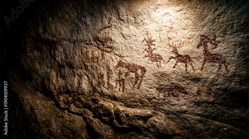 Wallpaper Mural Ancient Cave Paintings Depicting Prehistoric Animals and Human Figures on Rock Surface. Torontodigital.ca