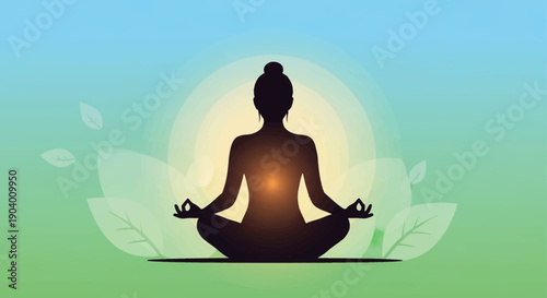 A serene silhouette meditates in lotus position surrounded by leaves and a radiant aura in a peaceful landscape