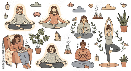 Illustrations of women practicing yoga and meditation in various poses surrounded by plants and serene elements from different viewpoints