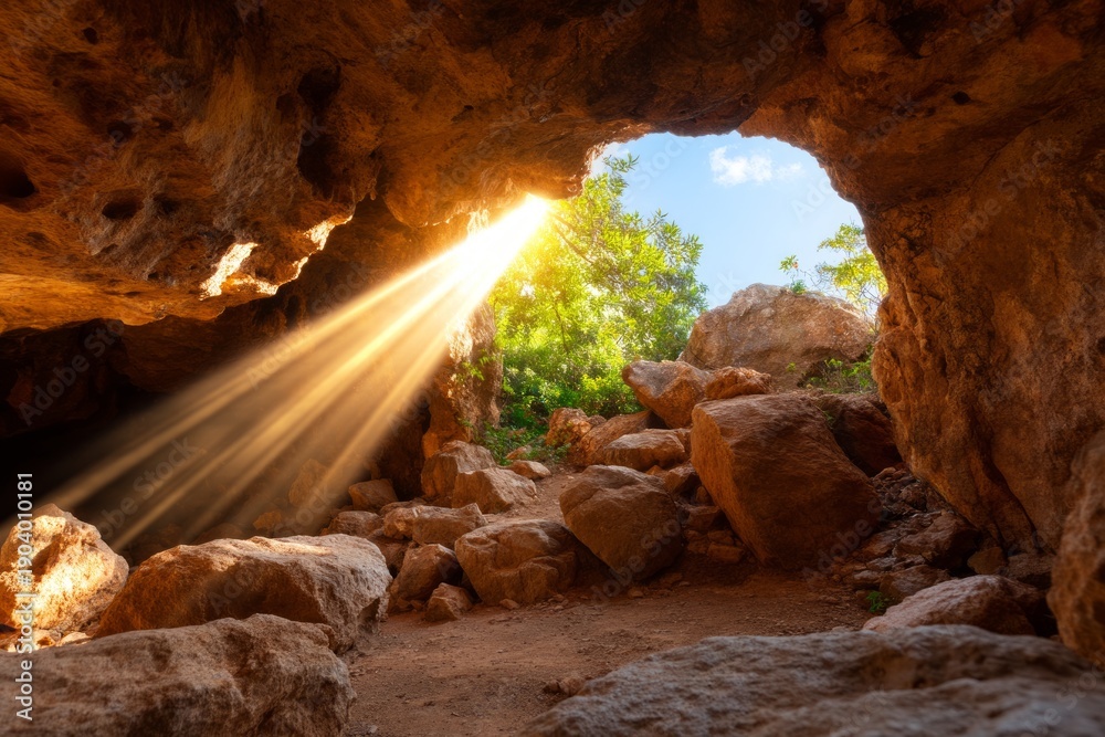 Obraz premium Natural Cave with Skylight Opening Allowing a Beam of Daylight to Illuminate the Interior