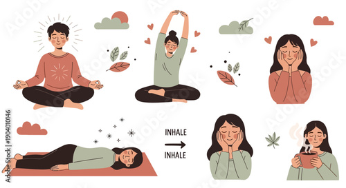 Illustration of serene individuals practicing yoga and meditation in various poses and environments