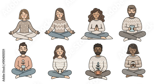 Diverse group of people meditating in lotus position with various objects in their hands