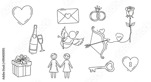 Romantic couple celebrating love with champagne and gifts in a whimsical illustration