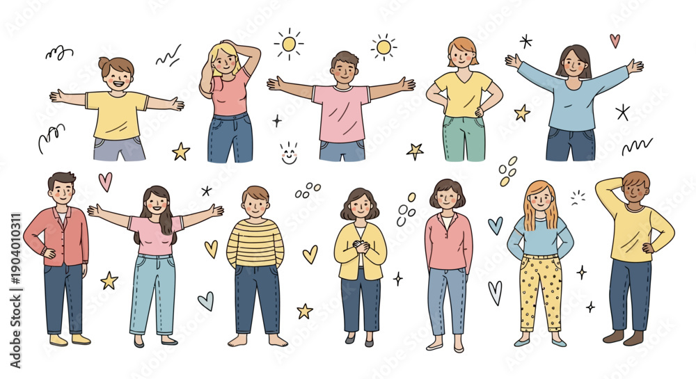 Fototapeta premium Diverse group of people celebrating with open arms and joyful gestures in a whimsical illustration