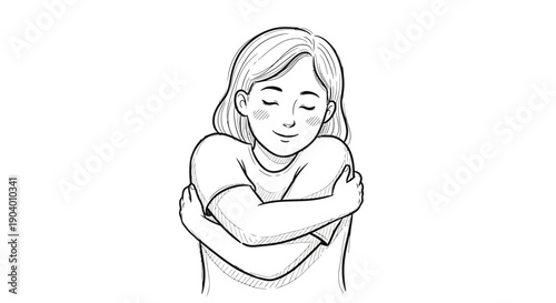 Woman embracing herself with eyes closed in a serene line art illustration