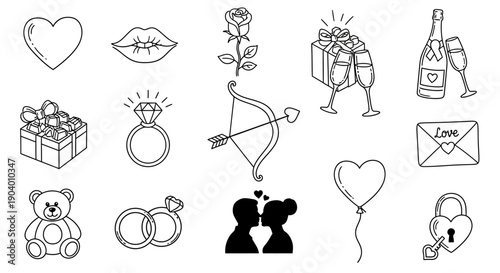 Collection of love-themed illustrations featuring hearts, gifts, and romantic symbols in a minimalist style