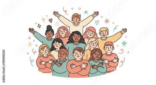 Diverse group of people celebrating together with arms raised in a circular illustration surrounded by festive stars and swirls