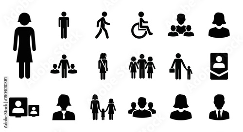 Collection of diverse human silhouette icons representing different people and groups.