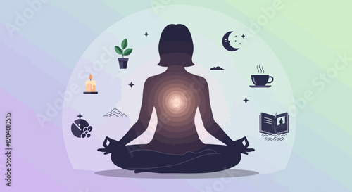 A person meditating surrounded by wellness elements in a serene environment, viewed from behind