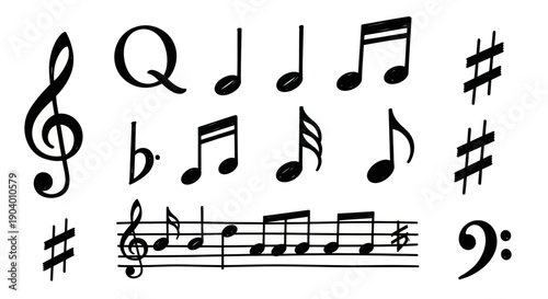 Collection of Musical Notes and Symbols for Music Education.