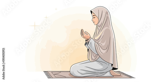 A Muslim woman in hijab praying with Quran during Ramadan on a prayer mat.
