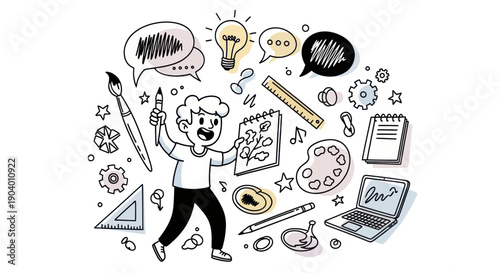 Creative Process Doodle with Artist and Art Supplies.