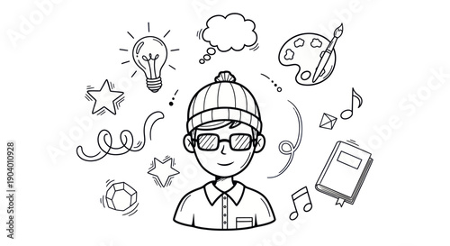 Creative Young Man Surrounded by Ideas and Hobbies Doodle Illustration.